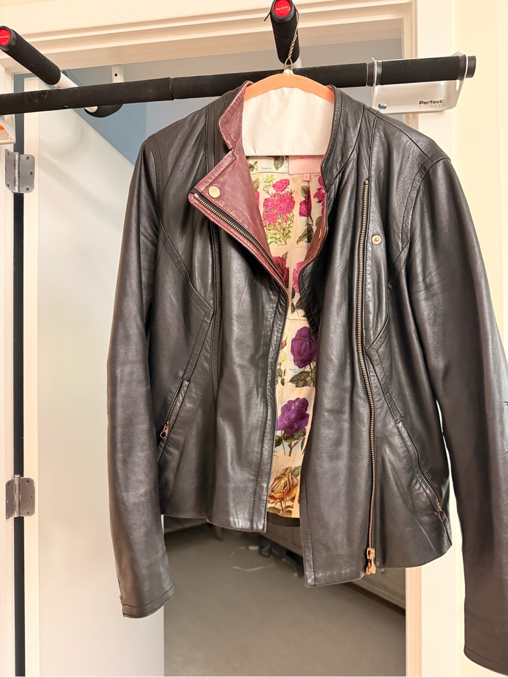 Ted Baker Black Leather Jacket with Floral Lining